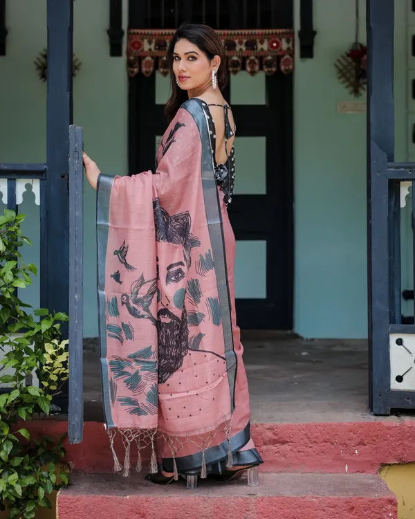 Blush_Pink_Pure_Cotton_Linen_Saree_with_Contrast_Polka_Dot_Blouse_and_Tassel_Detailing