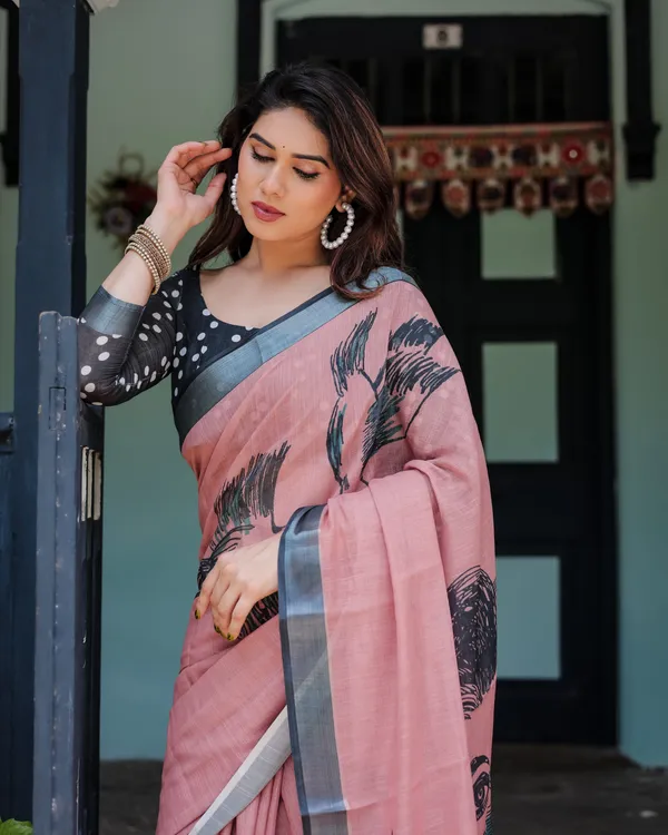 Blush_Pink_Pure_Cotton_Linen_Saree_with_Contrast_Polka_Dot_Blouse_and_Tassel_Detailing