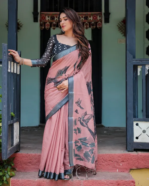 Blush_Pink_Pure_Cotton_Linen_Saree_with_Contrast_Polka_Dot_Blouse_and_Tassel_Detailing