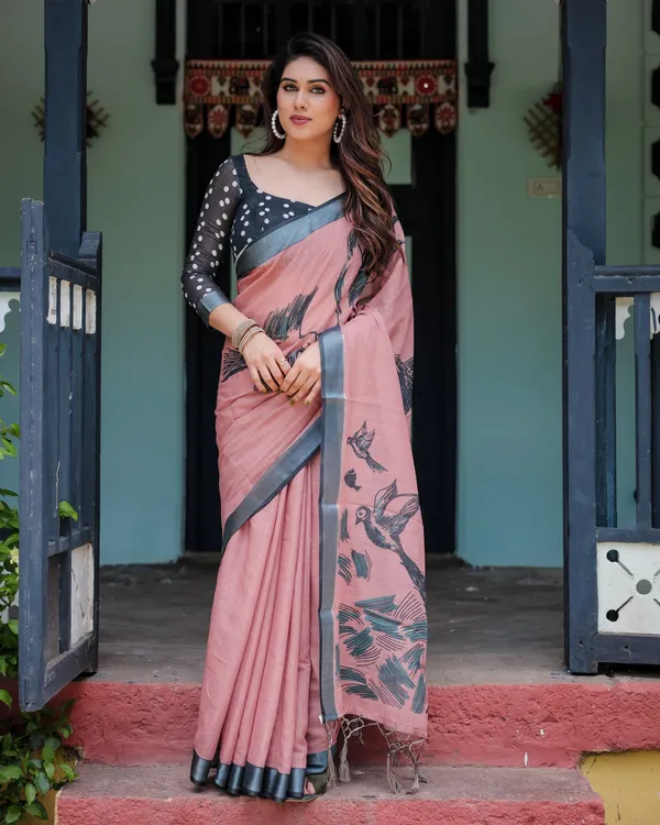 Blush_Pink_Pure_Cotton_Linen_Saree_with_Contrast_Polka_Dot_Blouse_and_Tassel_Detailing