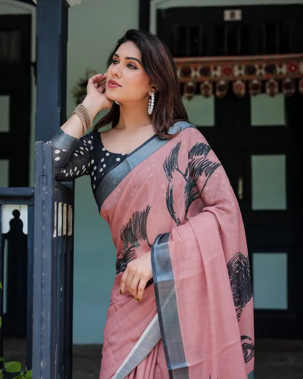 Blush_Pink_Pure_Cotton_Linen_Saree_with_Contrast_Polka_Dot_Blouse_and_Tassel_Detailing