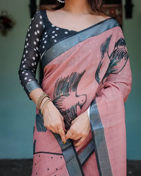 Blush_Pink_Pure_Cotton_Linen_Saree_with_Contrast_Polka_Dot_Blouse_and_Tassel_Detailing