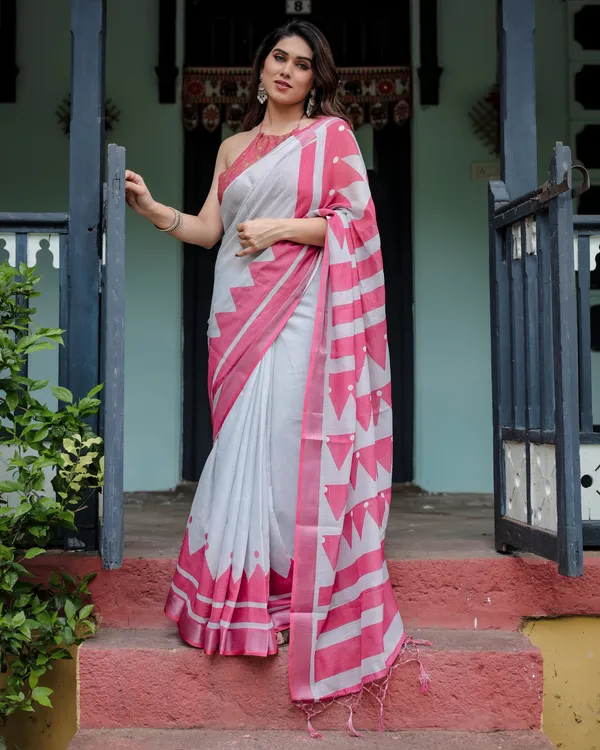 White_and_Pink_Pure_Cotton_Linen_Saree_with_Geometric_Stripes,_Blouse,_and_Tassel_Detailing