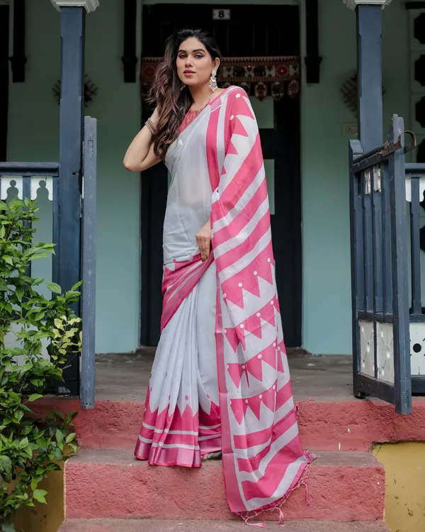 White_and_Pink_Pure_Cotton_Linen_Saree_with_Geometric_Stripes,_Blouse,_and_Tassel_Detailing