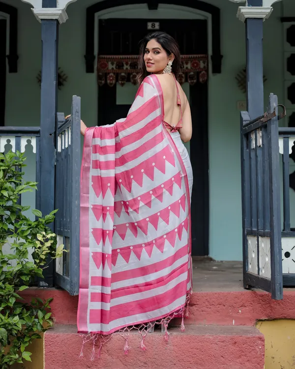 White_and_Pink_Pure_Cotton_Linen_Saree_with_Geometric_Stripes,_Blouse,_and_Tassel_Detailing