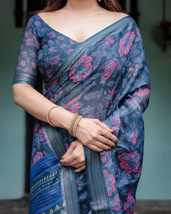 Navy_Blue_Pure_Cotton_Linen_Saree_with_Floral_Print,_Blouse,_and_Tassel_Detailing