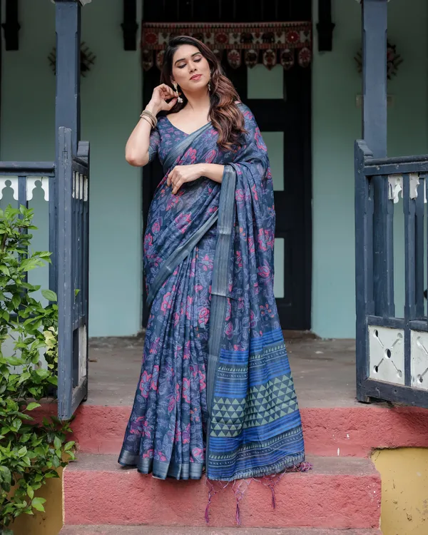 Navy_Blue_Pure_Cotton_Linen_Saree_with_Floral_Print,_Blouse,_and_Tassel_Detailing