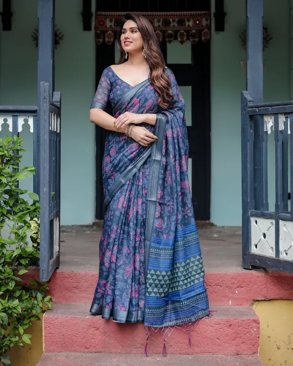 Navy_Blue_Pure_Cotton_Linen_Saree_with_Floral_Print,_Blouse,_and_Tassel_Detailing