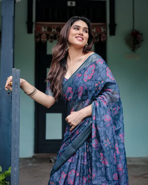 Navy_Blue_Pure_Cotton_Linen_Saree_with_Floral_Print,_Blouse,_and_Tassel_Detailing