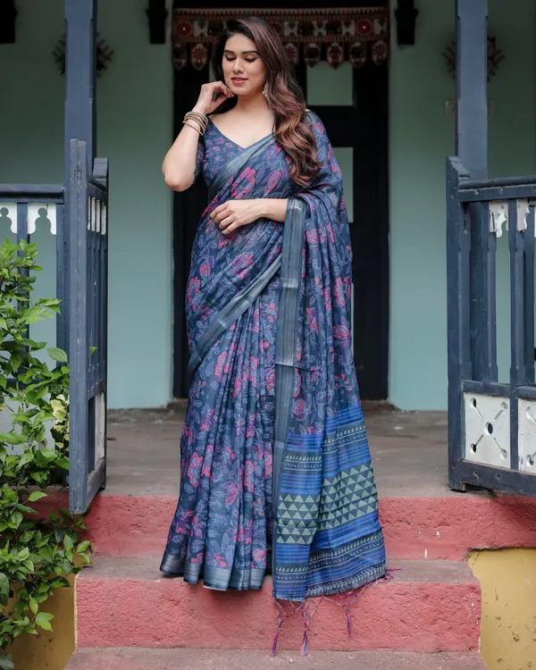 Navy_Blue_Pure_Cotton_Linen_Saree_with_Floral_Print,_Blouse,_and_Tassel_Detailing