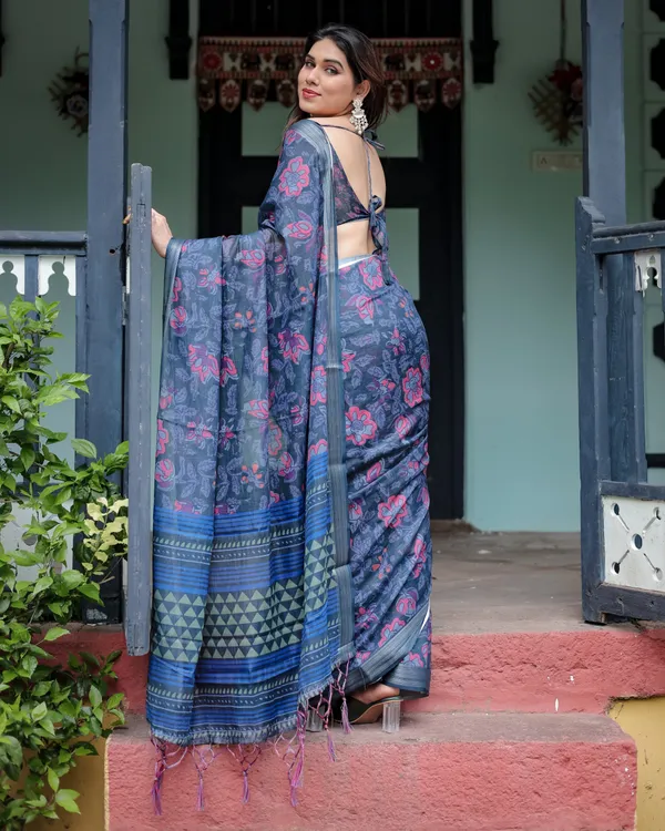 Navy_Blue_Pure_Cotton_Linen_Saree_with_Floral_Print,_Blouse,_and_Tassel_Detailing