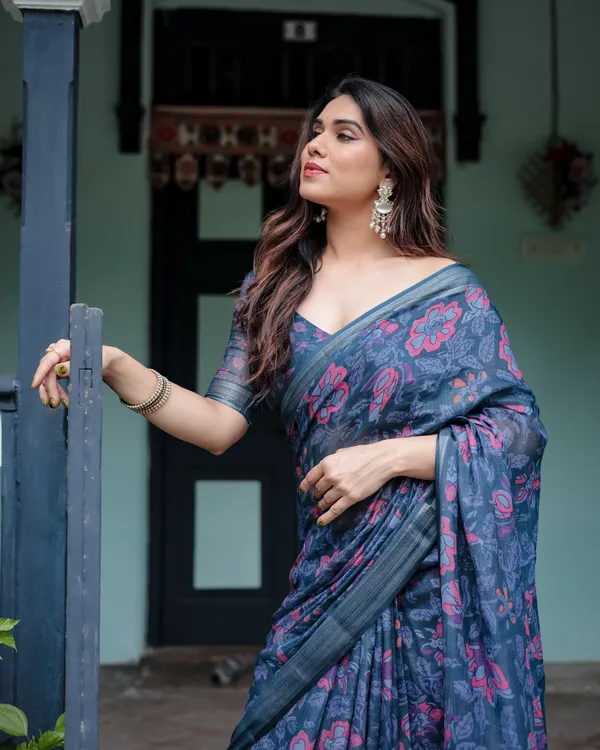 Navy_Blue_Pure_Cotton_Linen_Saree_with_Floral_Print,_Blouse,_and_Tassel_Detailing
