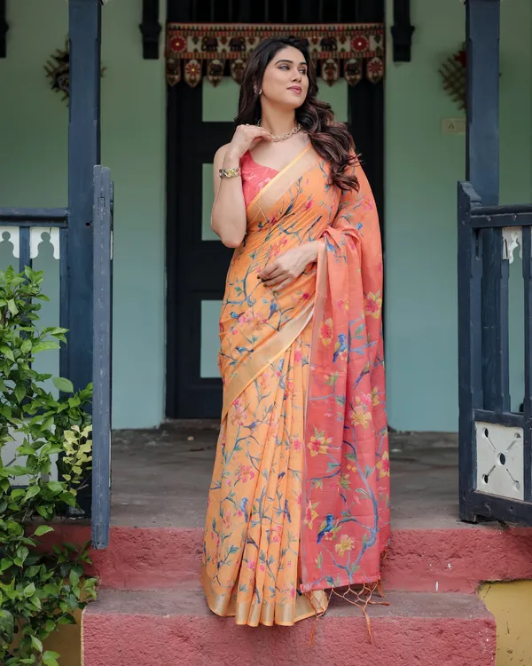 Peach_and_Orange_Pure_Cotton_Linen_Saree_with_Floral_and_Bird_Print,_Blouse,_and_Tassel_Detailing