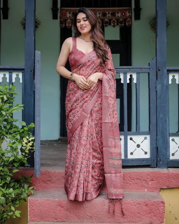 Rust_Red_Pure_Cotton_Linen_Saree_with_Floral_Block_Print,_Blouse,_and_Tassel_Detailing