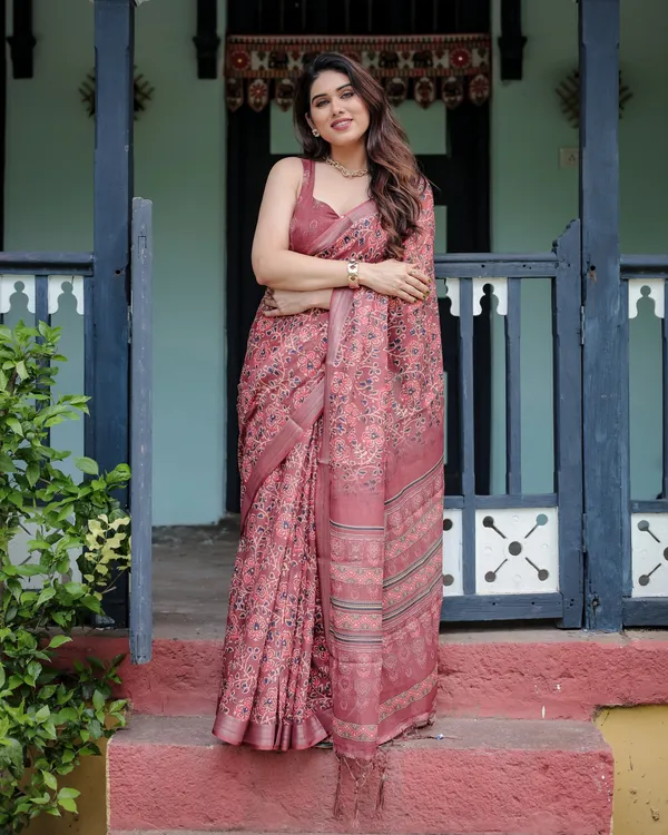 Rust_Red_Pure_Cotton_Linen_Saree_with_Floral_Block_Print,_Blouse,_and_Tassel_Detailing