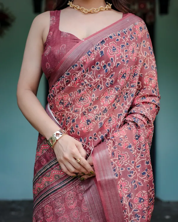 Rust_Red_Pure_Cotton_Linen_Saree_with_Floral_Block_Print,_Blouse,_and_Tassel_Detailing