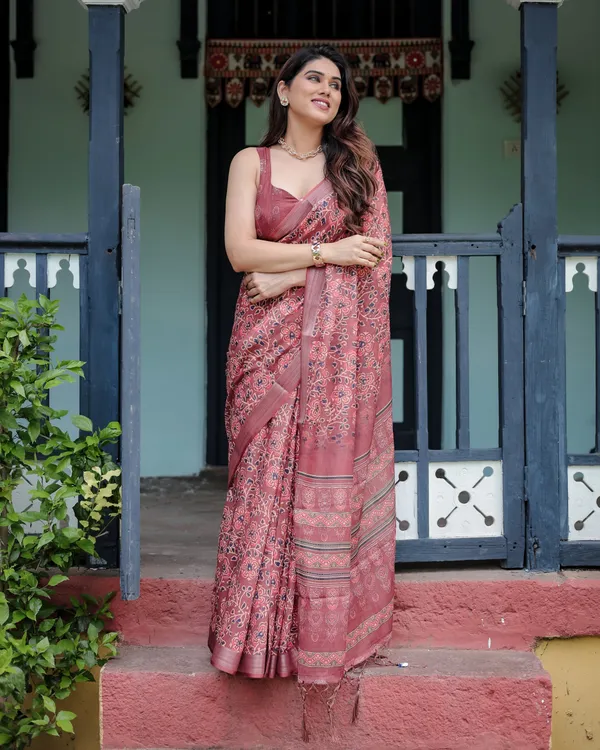 Rust_Red_Pure_Cotton_Linen_Saree_with_Floral_Block_Print,_Blouse,_and_Tassel_Detailing