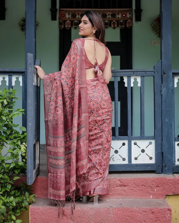Rust_Red_Pure_Cotton_Linen_Saree_with_Floral_Block_Print,_Blouse,_and_Tassel_Detailing