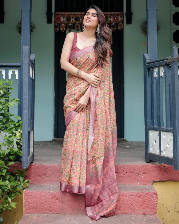 Beige_and_Rust_Pure_Cotton_Linen_Saree_with_Tribal_Block_Print,_Blouse,_and_Tassel_Detailing