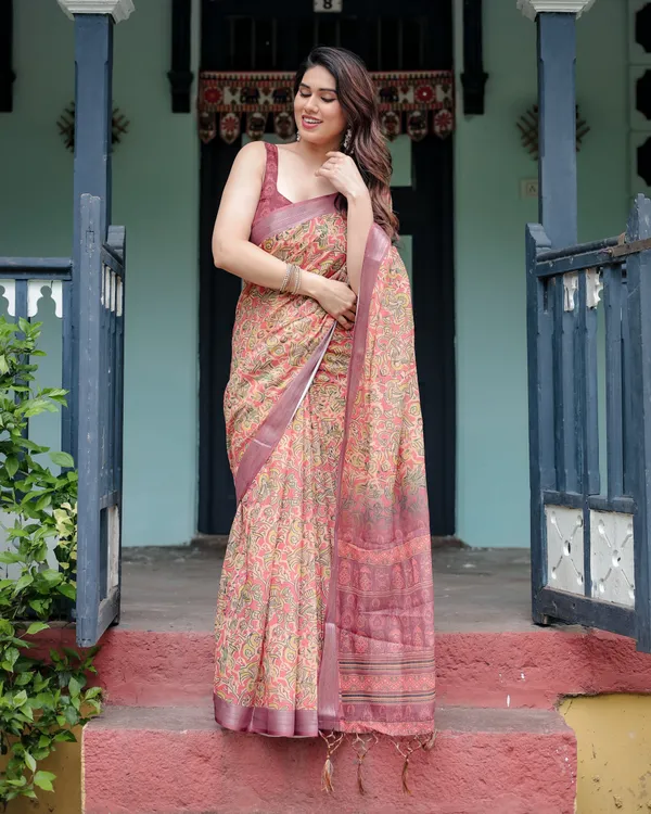 Beige_and_Rust_Pure_Cotton_Linen_Saree_with_Tribal_Block_Print,_Blouse,_and_Tassel_Detailing
