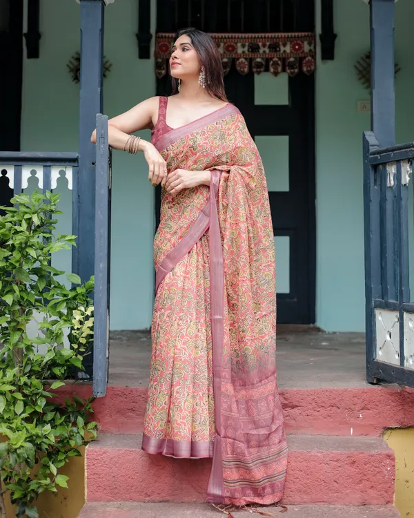 Beige_and_Rust_Pure_Cotton_Linen_Saree_with_Tribal_Block_Print,_Blouse,_and_Tassel_Detailing
