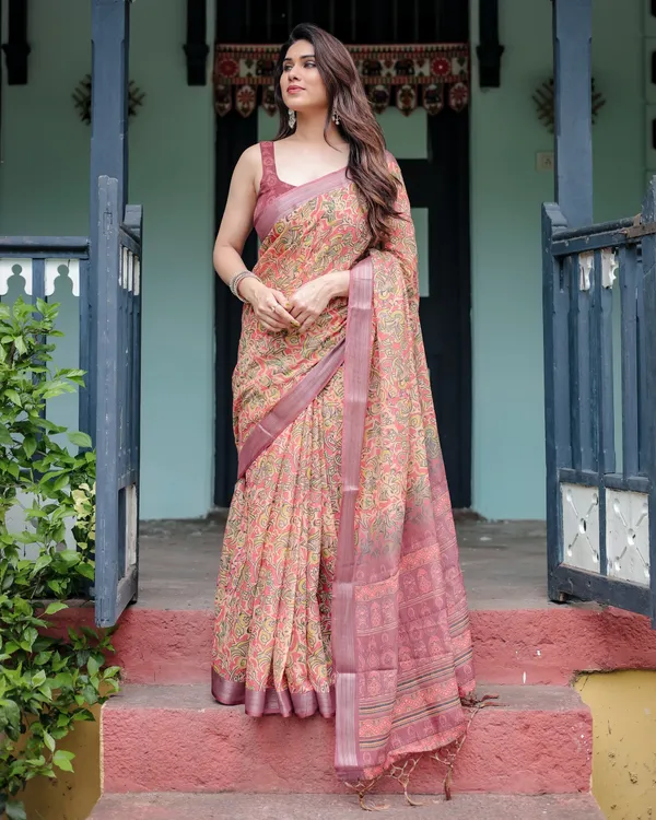 Beige_and_Rust_Pure_Cotton_Linen_Saree_with_Tribal_Block_Print,_Blouse,_and_Tassel_Detailing