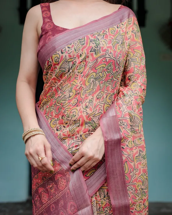 Beige_and_Rust_Pure_Cotton_Linen_Saree_with_Tribal_Block_Print,_Blouse,_and_Tassel_Detailing