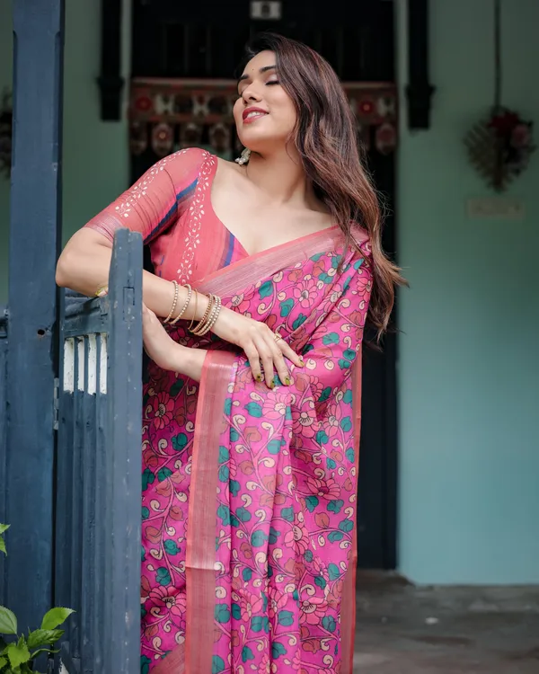 Magenta_and_Pink_Pure_Cotton_Linen_Saree_with_Floral_and_Paisley_Block_Print,_Blouse,_and_Tassel_Detailing