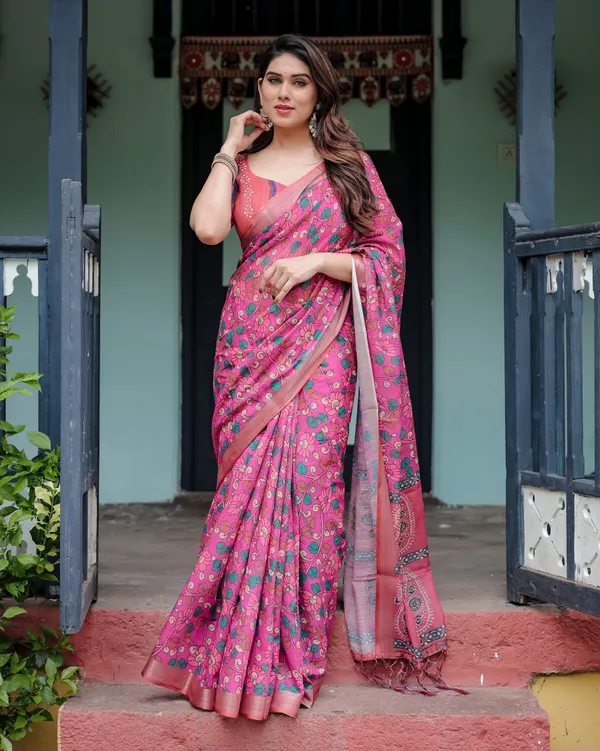 Magenta_and_Pink_Pure_Cotton_Linen_Saree_with_Floral_and_Paisley_Block_Print,_Blouse,_and_Tassel_Detailing