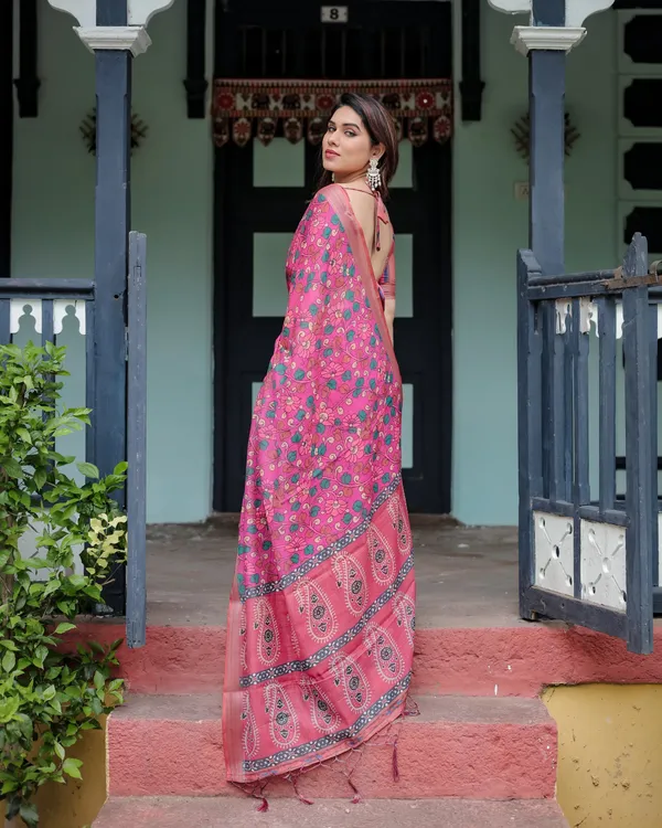 Magenta_and_Pink_Pure_Cotton_Linen_Saree_with_Floral_and_Paisley_Block_Print,_Blouse,_and_Tassel_Detailing