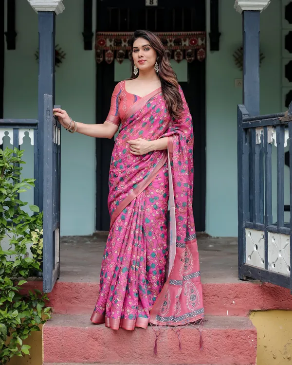 Magenta_and_Pink_Pure_Cotton_Linen_Saree_with_Floral_and_Paisley_Block_Print,_Blouse,_and_Tassel_Detailing