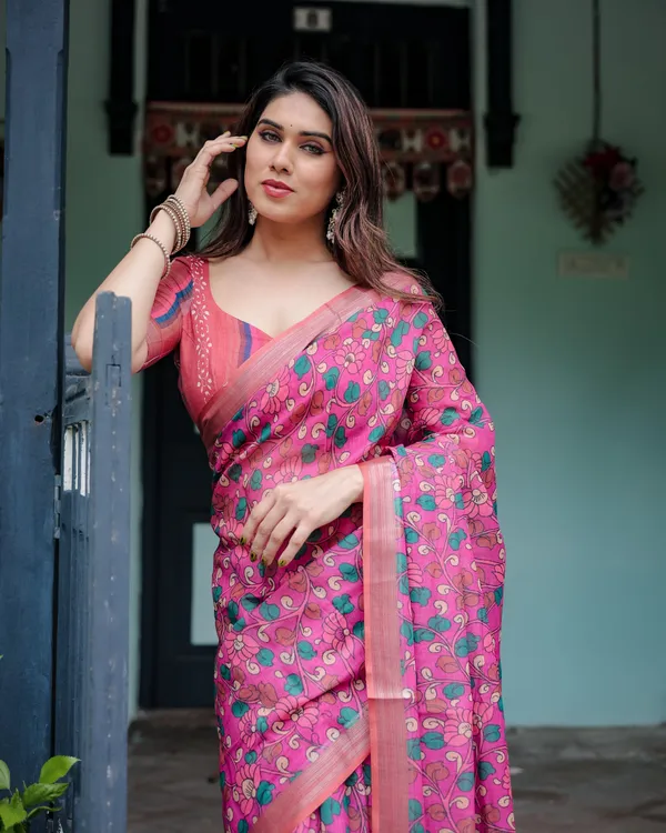 Magenta_and_Pink_Pure_Cotton_Linen_Saree_with_Floral_and_Paisley_Block_Print,_Blouse,_and_Tassel_Detailing