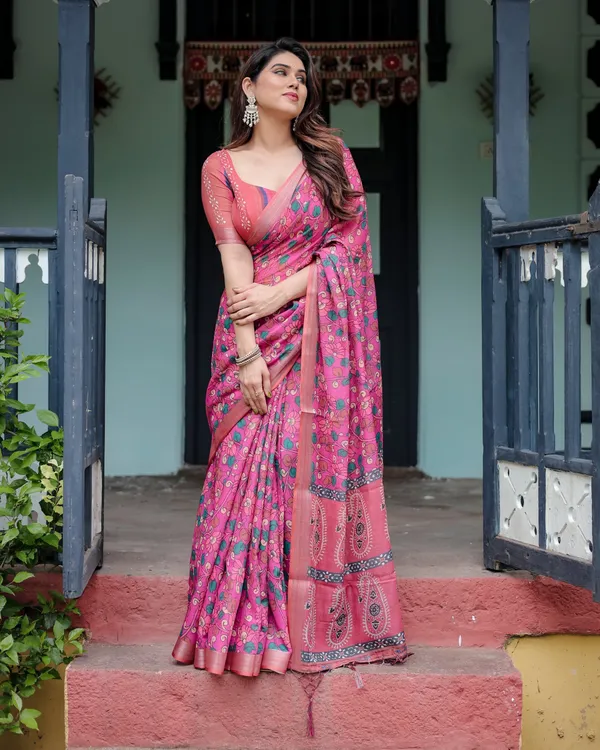 Magenta_and_Pink_Pure_Cotton_Linen_Saree_with_Floral_and_Paisley_Block_Print,_Blouse,_and_Tassel_Detailing