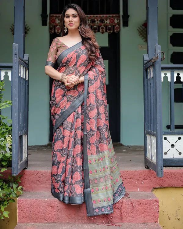Charcoal_Black_Pure_Cotton_Linen_Saree_with_Leafy_Paisley_Print,_Blouse,_and_Tassel_Detailing
