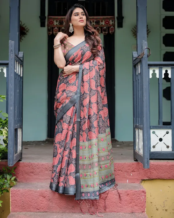 Charcoal_Black_Pure_Cotton_Linen_Saree_with_Leafy_Paisley_Print,_Blouse,_and_Tassel_Detailing