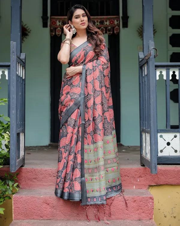 Charcoal_Black_Pure_Cotton_Linen_Saree_with_Leafy_Paisley_Print,_Blouse,_and_Tassel_Detailing