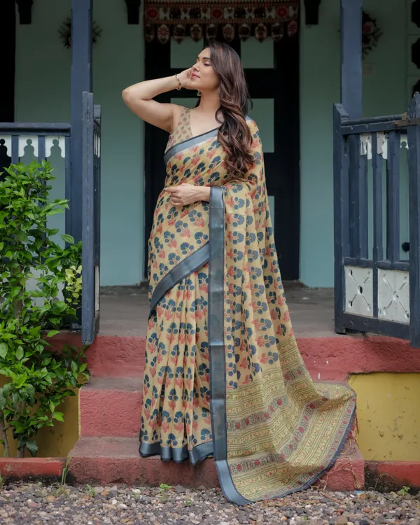 Beige_and_Charcoal_Pure_Cotton_Linen_Saree_with_Floral_Print,_Blouse,_and_Tassel_Detailing