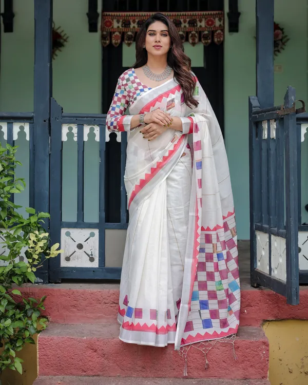 White_Pure_Cotton_Linen_Saree_with_Multicolor_Checkered_Design,_Blouse,_and_Tassel_Detailing