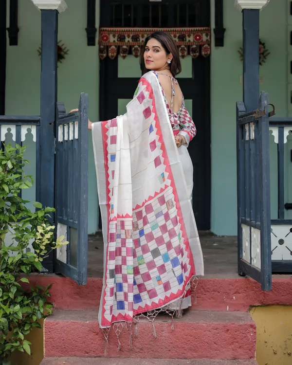 White_Pure_Cotton_Linen_Saree_with_Multicolor_Checkered_Design,_Blouse,_and_Tassel_Detailing