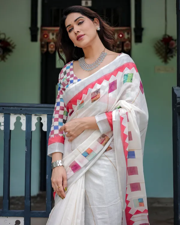 White_Pure_Cotton_Linen_Saree_with_Multicolor_Checkered_Design,_Blouse,_and_Tassel_Detailing