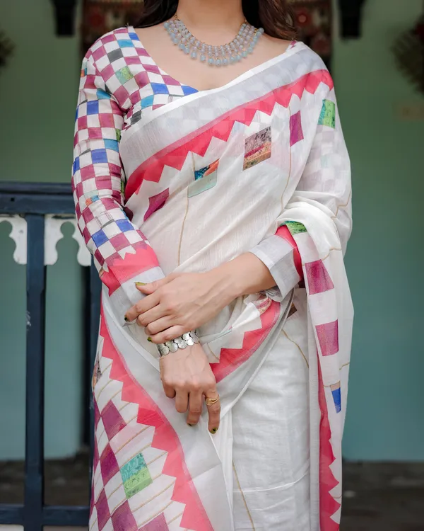 White_Pure_Cotton_Linen_Saree_with_Multicolor_Checkered_Design,_Blouse,_and_Tassel_Detailing