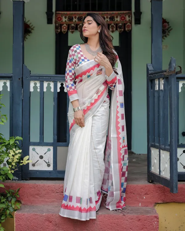 White_Pure_Cotton_Linen_Saree_with_Multicolor_Checkered_Design,_Blouse,_and_Tassel_Detailing