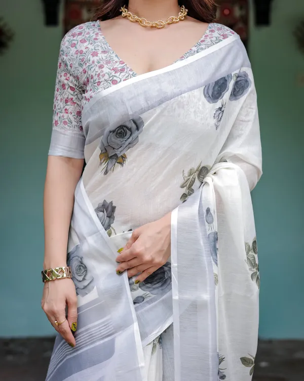 White_and_Grey_Pure_Cotton_Linen_Saree_with_Floral_Print,_Blouse,_and_Tassel_Detailing