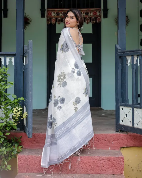 White_and_Grey_Pure_Cotton_Linen_Saree_with_Floral_Print,_Blouse,_and_Tassel_Detailing