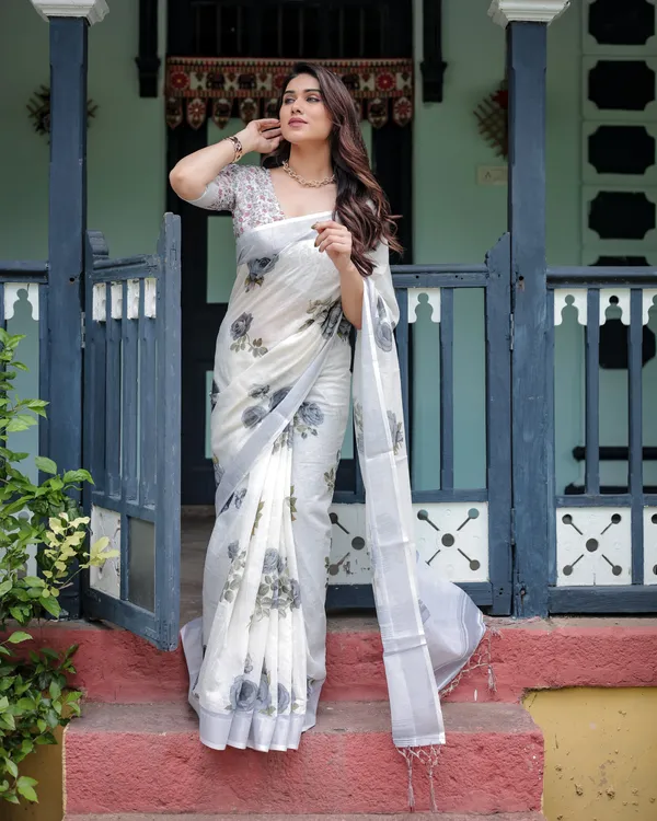 White_and_Grey_Pure_Cotton_Linen_Saree_with_Floral_Print,_Blouse,_and_Tassel_Detailing