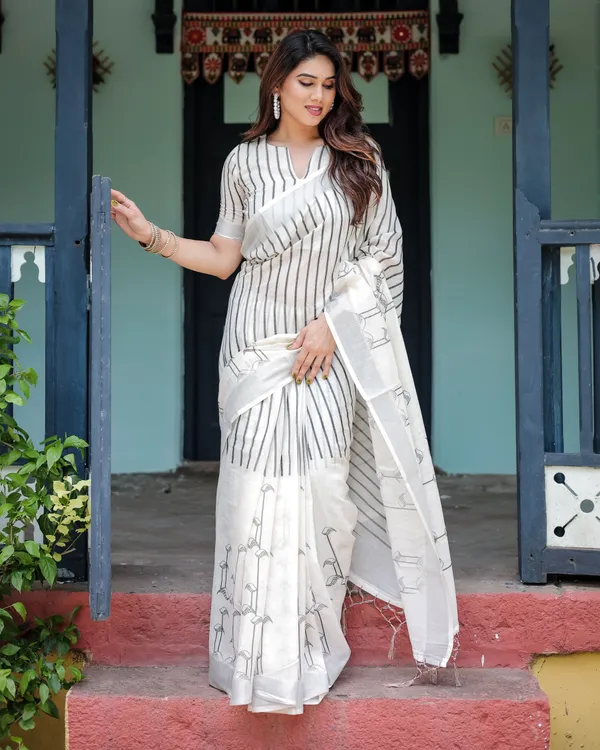 White_and_Black_Pure_Cotton_Linen_Saree_with_Striped_Pattern,_Blouse,_and_Tassel_Detailing