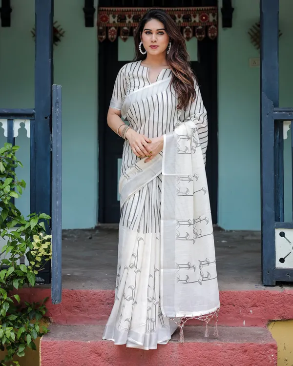 White_and_Black_Pure_Cotton_Linen_Saree_with_Striped_Pattern,_Blouse,_and_Tassel_Detailing