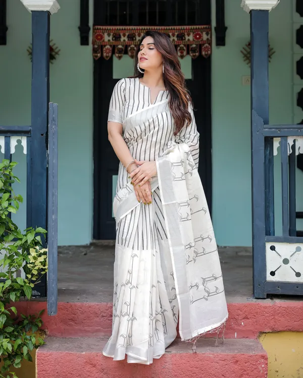 White_and_Black_Pure_Cotton_Linen_Saree_with_Striped_Pattern,_Blouse,_and_Tassel_Detailing