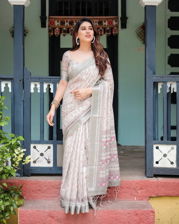 Soft_Grey_Pure_Cotton_Linen_Saree_with_Pink_and_White_Ikat_Design,_Blouse,_and_Tassel_Detailing