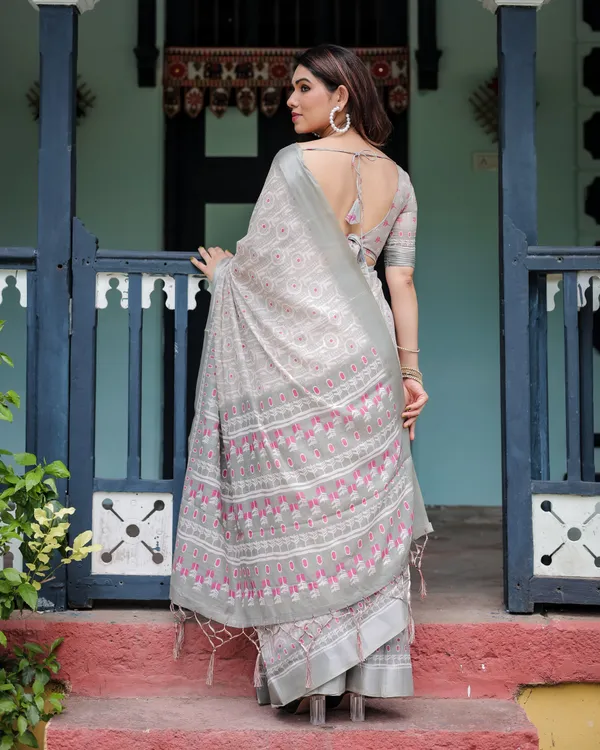 Soft_Grey_Pure_Cotton_Linen_Saree_with_Pink_and_White_Ikat_Design,_Blouse,_and_Tassel_Detailing